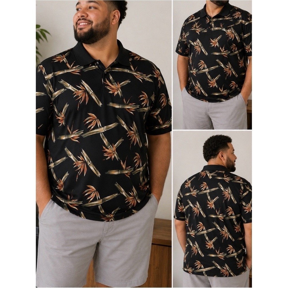 Bamboo Cay Hawaiian Polo Golf Shirt XL Black Tropical Bird of Paradise